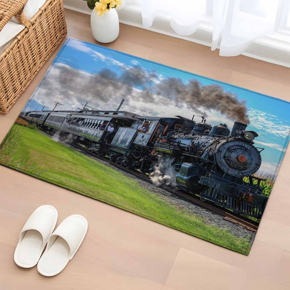 Steam Train 2'x3' Rug for Entryway Front Door Kitchen Sink Area, Railways Trees Landscape Modern Low Pile Non Slip Rectangle Area Rug, Machine Washable Indoor Outdoor Mat