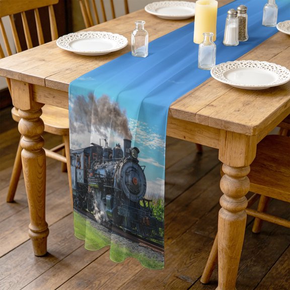 Steam Train 4.5ft Cheesecloth Table Runner for Dining 19"x55", Railways Trees Landscape Modern Kitchen Dinner Sheer Tulle Chiffon Dresser Scarf, Holiday Party Decorations