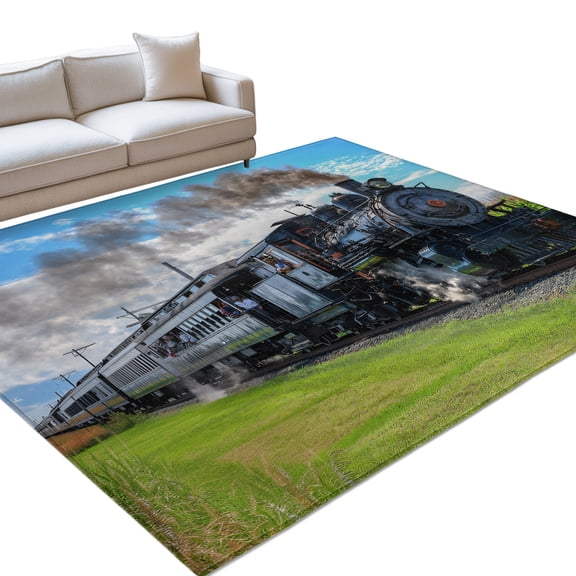 Steam Train 6x9ft Non Slip Area Rug Railways Trees Landscape Modern Washable&nbsp;Soft Area Rugs for Living Room, Indoor&nbsp;Circle Carpet for Bedroom Dining Room Kitchen