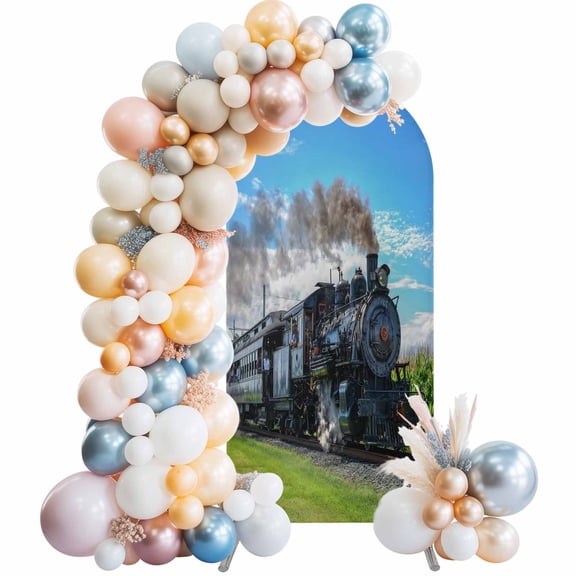 Steam Train Arch Backdrop Cover 4 FT Railways Trees Landscape Modern Stretchy Elastic Arch Stand Covers Spandex Arched Background Birthday Wedding Party Decoration (No Stand)