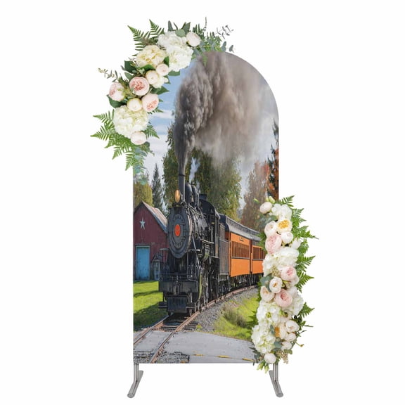 Steam Train Arch Backdrop Cover 4FT, Railroad Country Barn Rustic Trees Farmhouse Spandex Fitted Stretchy Arch Stand Covers, Round Top Chiara Backdrop Cover for Wedding Party Birthday Baby Shower