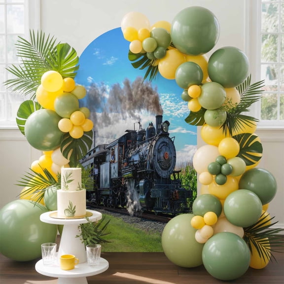 Steam Train Arch Backdrop Cover, 4FT, Railways Trees Landscape Modern Spandex Arch Covers Double-Sided Backdrop for Wedding Birthday Party Photo Background Decoration