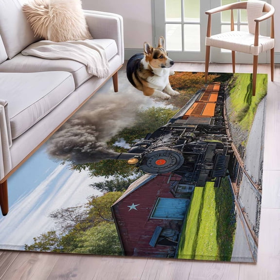 Steam Train Area Rug 3x5 Washable Rug Non Slip Railroad Country Barn Rustic Trees Farmhouse Large Area Rug Indoor Floor Carpet for Entryway Bedroom Kitchen Living Room Home Office Dining Room Nursery