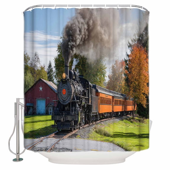 Steam Train Bathroom Shower Curtains with 12 Hooks Polyester Waterproof Shower Curtain for Stalls and Bathtubs Railroad Country Barn Rustic Trees Farmhouse Decorative Bathroom Curtain 36x72 Inches