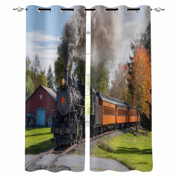 Steam Train Blackout Curtains for Bedroom/Living Room, Thermal Insulated Kitchen Curtains, Railroad Country Barn Rustic Trees Farmhouse Grommet Darkening Window Treatment Drapes 27.5"x39"x2