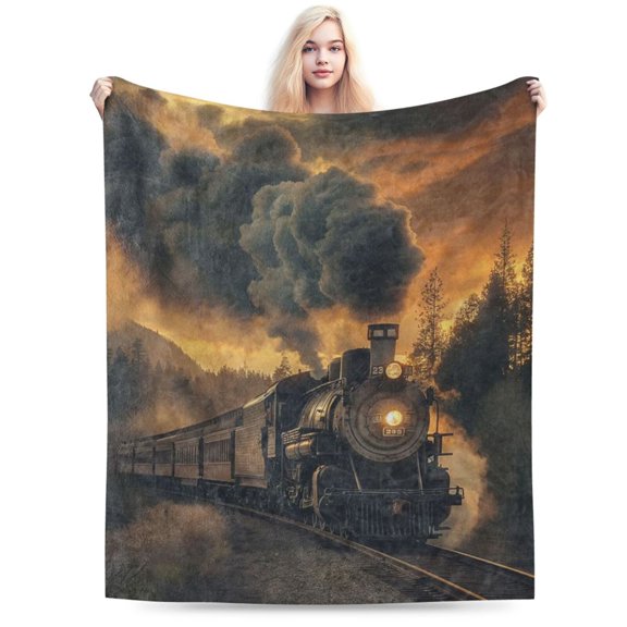 Steam Train Blanket, Vintage Train Flannel Fleece Throw for Adults 50x40