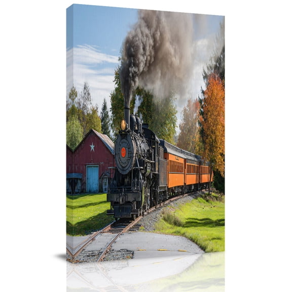 Steam Train Canvas Wall Art for Living Room, Hose Tree Nature Landscape Countryside Poster Print Painting for Bedroom Office Home Decoration Wall Pictures Prepare To Hang 22"x28"