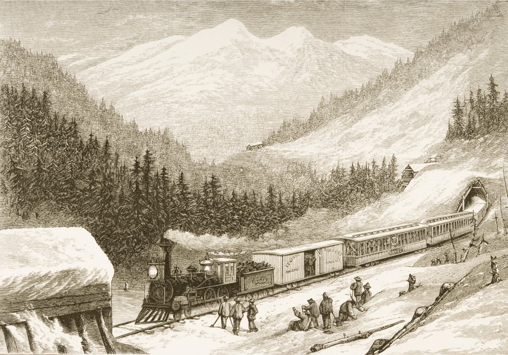 Steam Train Carrying Us Mail Across Sierra Nevada In 1870S From American Pictures Drawn With Pen And Pencil By Rev Samuel Manning Circa 1880 Canvas Art - Ken Welsh Design Pics (36 x 24)