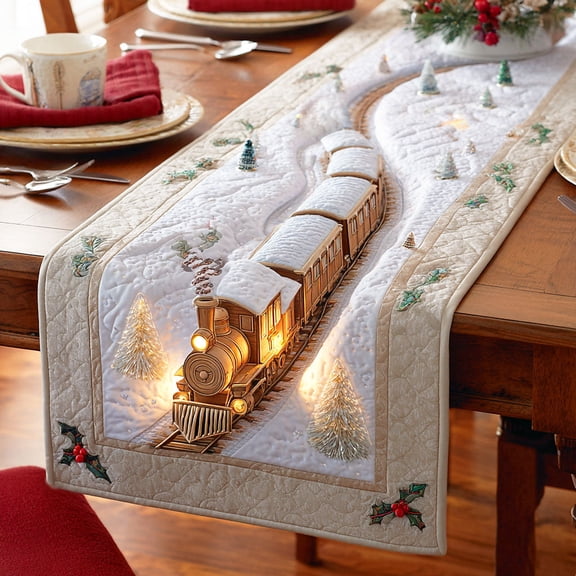 Steam Train Christmas Quilted Table Runner for Dining Room, Decorative Seasonal Kitchen Table Decor