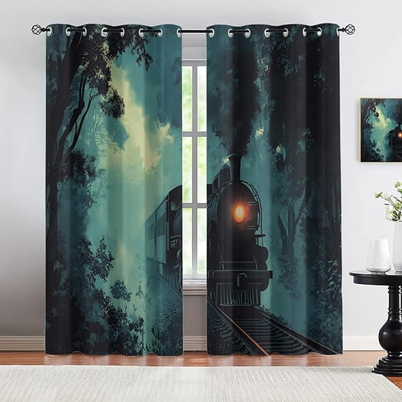 Steam Train Curtain, Vintage Train Blackout Curtain for Living Room, Steam Train Bedroom Curtains, Misty Forest Shower Curtains & Sound Proof Drapes-52"W x 96"L (Pack of 2)