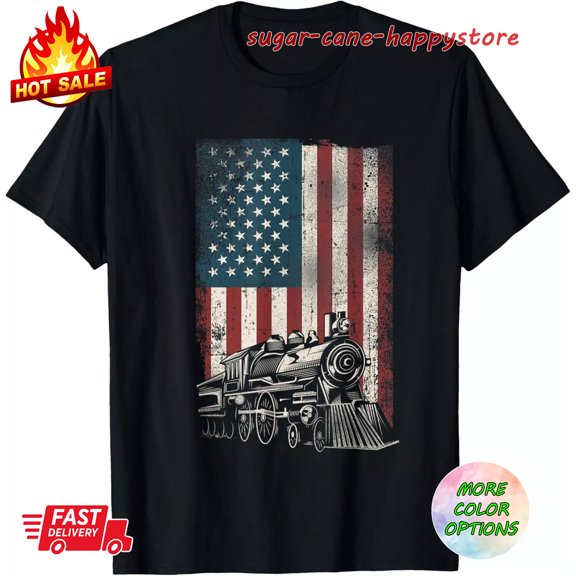 Steam Train Driver Trainspotting Locomotive American Flag Railway Transit T-Shirt