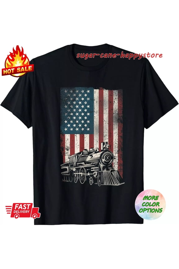 Steam Train Driver Trainspotting Locomotive American Flag Railway Transit T-Shirt
