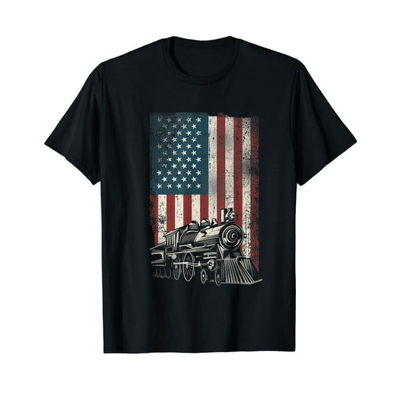 Steam Train Driver Trainspotting Locomotive American Flag T-Shirt