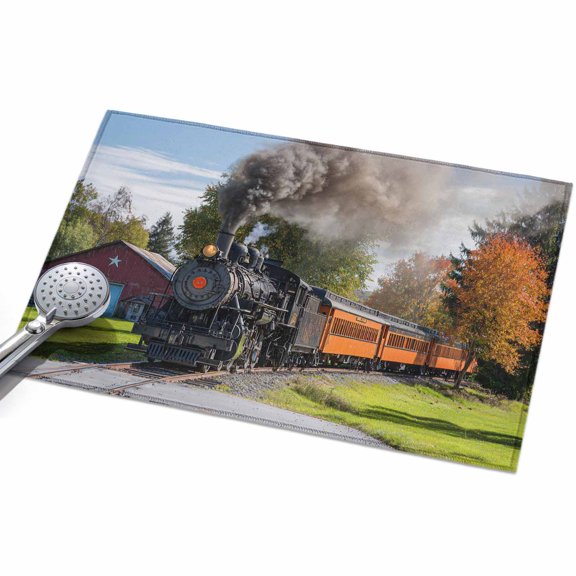 Steam Train Entryway Rug 2x3ft Washable Non Slip Bathroom Rug Indoor Floor Front Door Mat Railroad Country Barn Rustic Trees Farmhouse Rectangle Area Rugs Carpet for Kitchen Office Dining Room