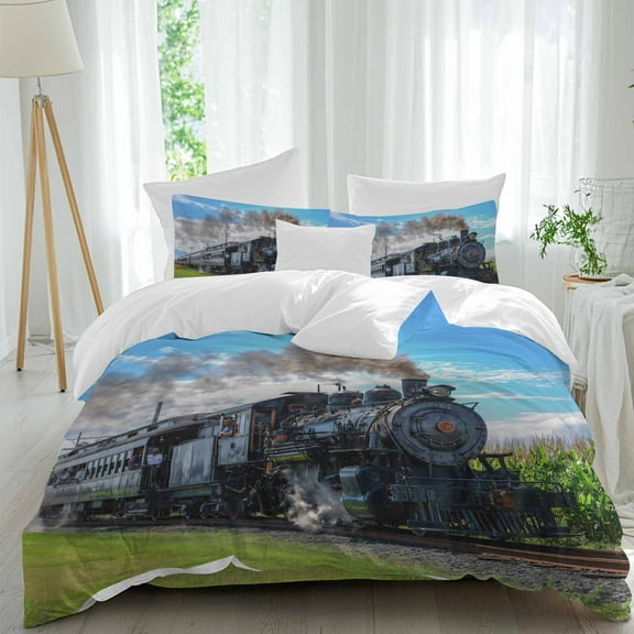 Steam Train Full Size Comforter Set, Railways Trees Landscape Modern Bedding for All Seasons, 4 Pcs Bed Set, 1Quiltcover (86"x86") ,1Sheet(80"x116"), 2Pillowcases (30"x20")