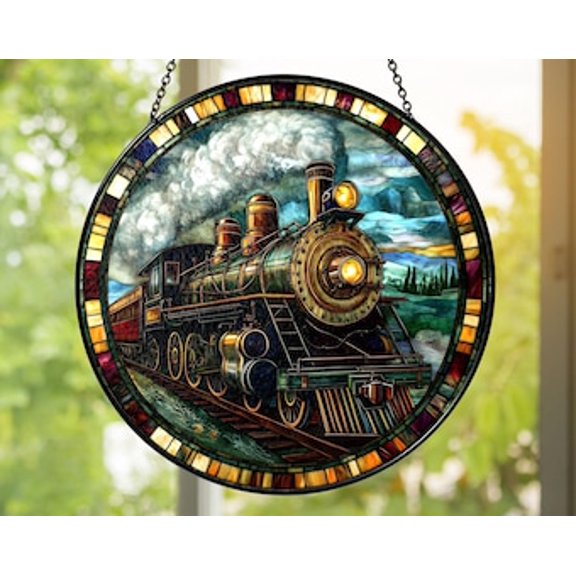 Steam Train Glass Suncatcher – Vintage Locomotive Window Hanging, Railroad Glass Panel, Train Lover Gift, Rustic Cabin Wall Décor, 3.5 in