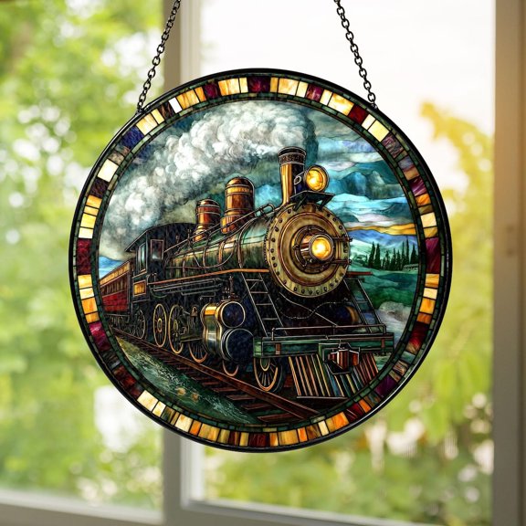 Steam Train Glass Suncatcher, Vintage Locomotive Window Hanging, Railroad Panel, Train Lover, Rustic Cabin Wall, 3.5 in