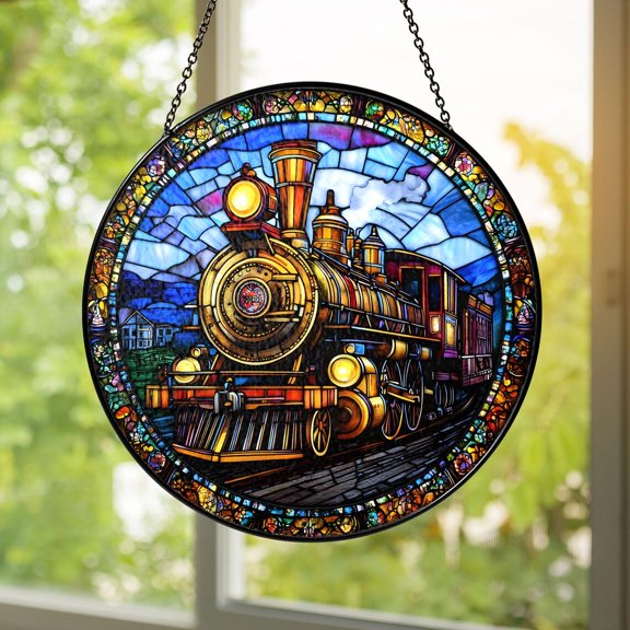 Steam Train Glass Suncatcher, Vintage Locomotive Window Hanging, Rustic Railroad Art, 7.9 in