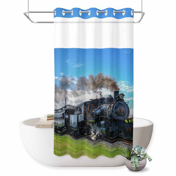 Steam Train No Hook Shower Curtain Railways Trees Landscape Modern Shower Curtain with See Through Top Window, Waterproof Washable Fabric Curtain for Bathroom Hotel Decor, 36Wx72L