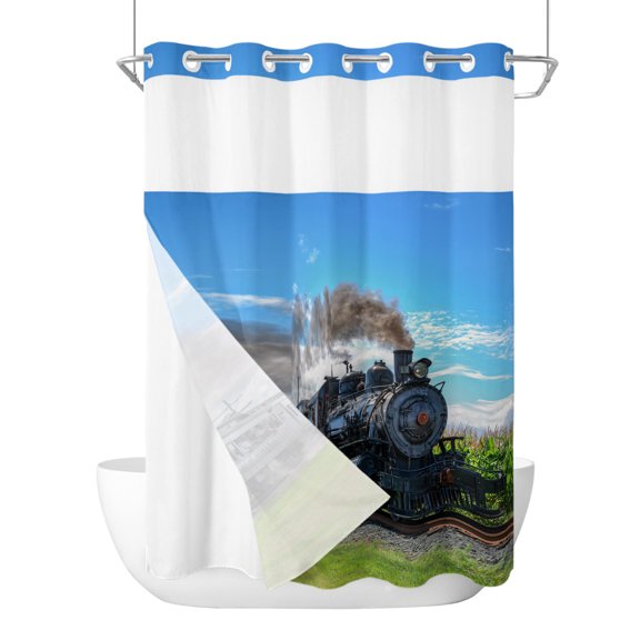 Steam Train No Hook Shower Curtain with Snap in Liner, Railways Trees Landscape Modern Waterproof Shower Curtain for Bathroom with Top Sheer Window, 48x72 Inch