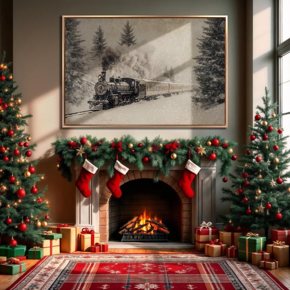 Steam Train In Snowy Forest Poster Locomotive Wall Art Winter Railroad Poster Decor Ready To Hang, Unframed Canvas Size 24x36
