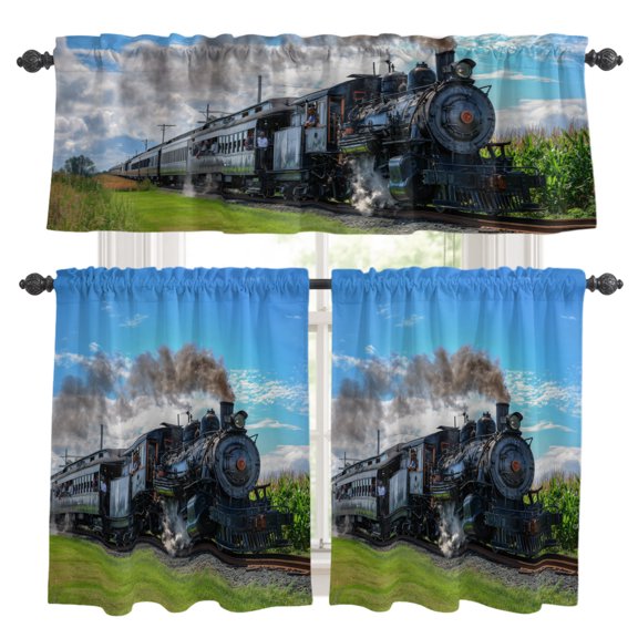 Steam Train Kitchen Curtains Set for Windows, Railways Trees Landscape Modern Curtains Valance and Tier 3 Piece Set Small Drapes 36 Inch Length for Kitchen Bedroom Decor