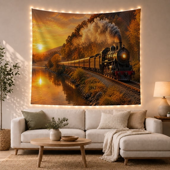 Steam Train on Lakeside Tracks with Autumn Forest at Sunset, Nostalgic Vintage for Travel Lovers, Scenic Nature Wall Art, Anniversary Gift, Tapestry Wall Hanging for Living Room and Dorm