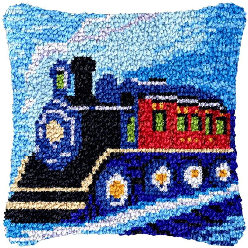 Steam Train Latch Hook Pillow Cover Kits for Needlework Cushion Throw Pillow Cross Stitch Crochet Hook Pillowcase Rug Kits Printed Canvas Crochet Yarn Kits Needlework 17'' X 17''