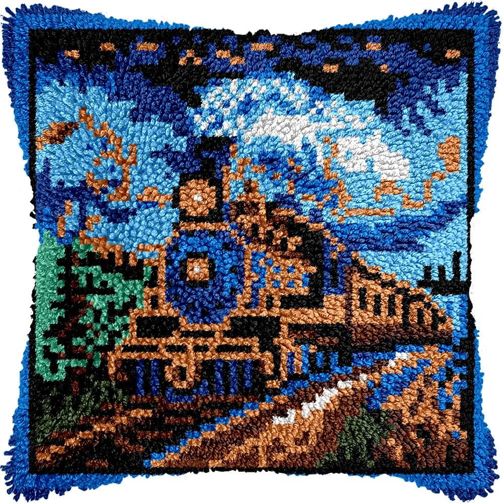 Steam Train Latch Hook Pillow Kits for DIY Handmade Throw Pillow Cushion Embroidery Latch Hooking Pillowcase Kits with Preprinted Canvas Crochet Yarn Kits 17''X 17''(g35)