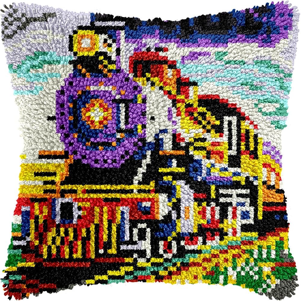 Steam Train Latch Hook Pillow Kits for DIY Throw Pillow Cushion Embroidery Latch Hooking Pillowcase Kits with Preprinted Canvas Crochet Yarn Kits for Home Decor 17''X 17''(d249)