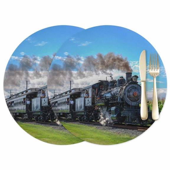 Steam Train Leather Placemats Set of 2, 12 Inch, Railways Trees Landscape Modern Waterproof Oil-Proof Place Mats, Non-Slip Table Mats for Kitchen, Dining Room, Indoor Outdoor