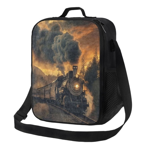 Steam Train Lunch Bag Insulated Thermal Box with Shoulder Strap & Handle for Work and Picnic