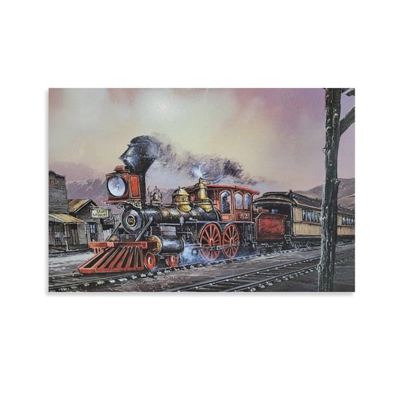 Steam Train Old Western Town Illustration Art Retro Poster Modern Home Canvas Wall Decoration Art Canvas Painting Wall Art Poster for Bedroom Living Room Decor