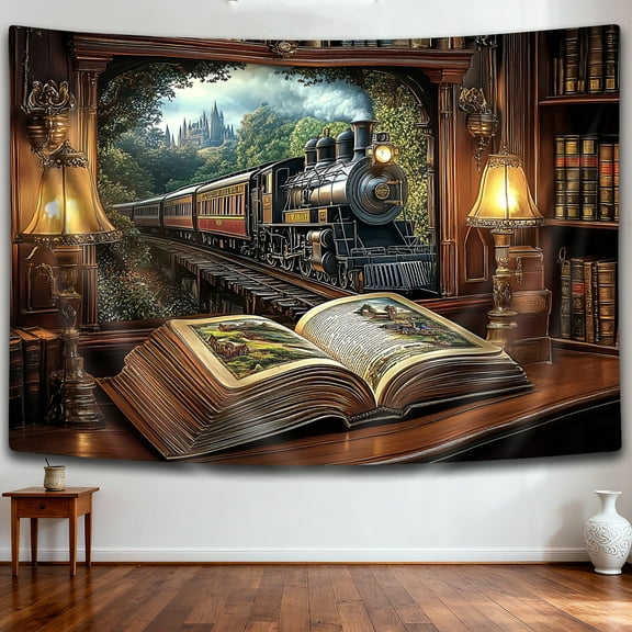 Steam Train Passing Through Closet Tapestry,Fairy Forest Castle Tapestries,Vintage Bookshelf Desk Lamps Wall Hanging for Bedroom Living Room Dorm,50X60Inches