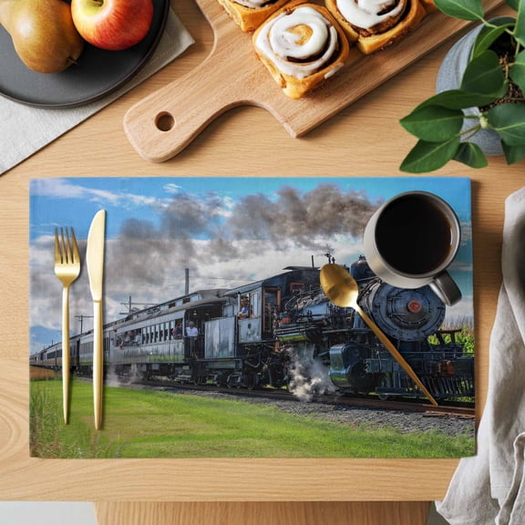 Steam Train Placemats Set of 1, Railways Trees Landscape Modern Heat Insulated Linen Place Mats, Washable Stain-Proof Table Mats for Dining Tables Holiday Decor 13x19 Inches