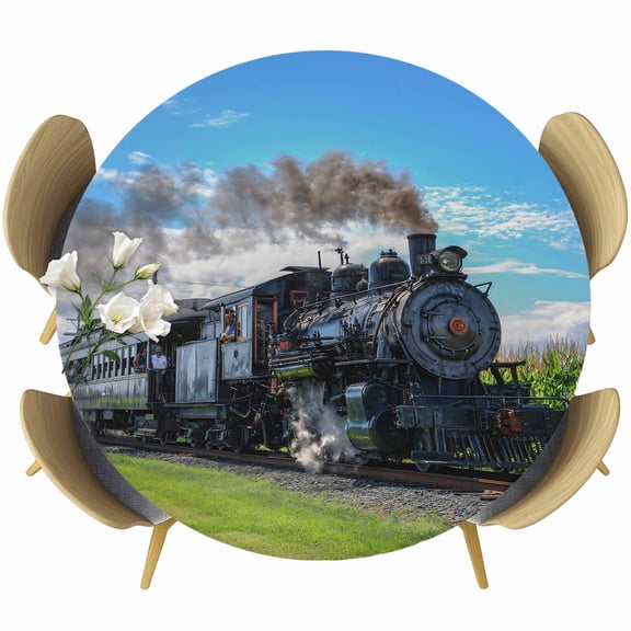 Steam Train Round Fitted Tablecloth with Elastic Edge, Railways Trees Landscape Modern Stretch Table Covers for 36"-44" Tables Wipeable Table Cloth for Outdoor
