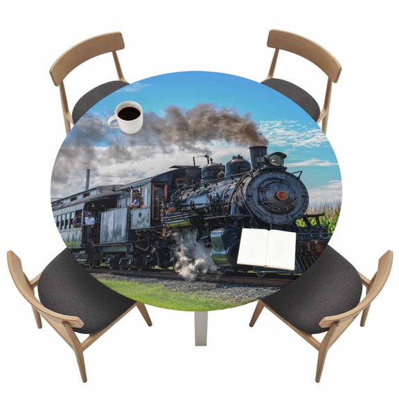 Steam Train Round Fitted Tablecloth with Elastic Edge Railways Trees Landscape Modern Table Cover Fit for 55"-60" Tables Waterproof Tablecloths for Dinner Camping Picnic