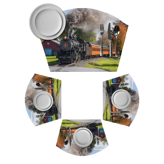 Steam Train Round Table Placemats Set of 2 Wedge Placemats, Railroad Country Barn Rustic Trees Farmhouse Place Mats for Dining Table Set Washable Mats Kitchen Decor for Indoor Outdoor Wipe Clean