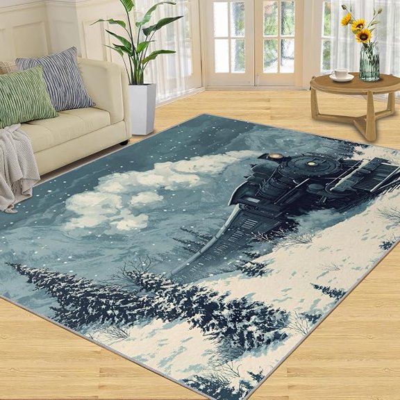 Steam Train Rug , Motorcycle Washable Rugs, Black Trains Washable Rugs for Bedroom Living Room, Soft Low Pile & Home Decor 1x2ft