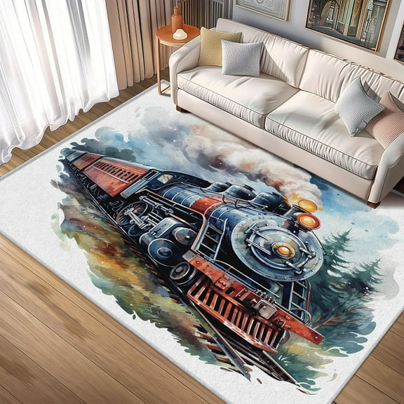 Steam Train Rug Washable Engine Train Rugs For Living Room Bedroom, Retro Classic Area Rug For Home Decor, Non Slip Backing Floor Carpet 1x2ft