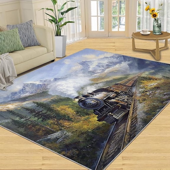 Steam Train Rugs for Bedroom, Train Print Area Rug, Steam Locomotive Rugs for Living Room, Indoor Non-Slip Rug, Machine Washable Carpet for Front Entrance Floor Decor 2 x 3ft