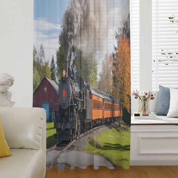Steam Train Semi Sheer Curtains Drapes for Living Room,Bedroom,French Doors Window 45 Inches Long,Railroad Country Barn Rustic Trees Farmhouse Rod Pocket Chiffon Curtain Drapery Voile Draperies Panel