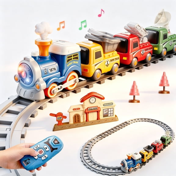 Remote Control Train Set for Kids w/Steam, Music & Lights Choo Choo Train for Toddlers, Electric Train Set with Tracks, Magnetic Connection Train Toys Christmas Birthday Gifts for Boys Girls 3 4 5 6+