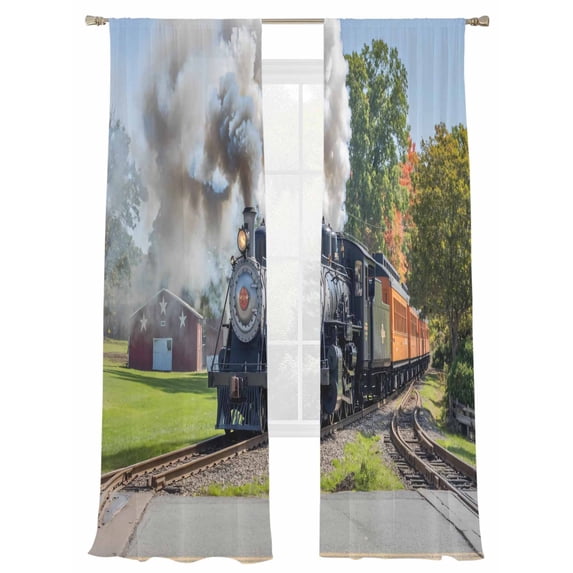 Steam Train Sheer Curtains 2 Panels Set Hose Green Tree Nature Landscape Countryside Sheer Window Curtains Light Filtering Rod Pocket Voile Drapes for Bedroom Living Room 52"X96"