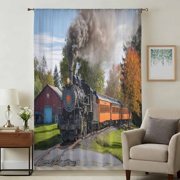 Steam Train Sheer Curtains 45 Inches Long, Railroad Country Barn Rustic Trees Farmhouse Light Filering Curtains, Breathable Simi Curtain Privacy Drapes for Kitchen Bathroom Small Window Treatment