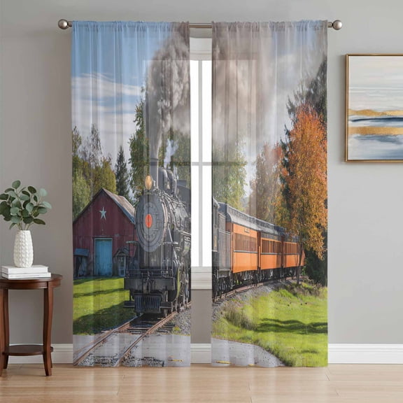 Steam Train Sheer Curtains 63 Inch Length 2 Panels Set, Railroad Country Barn Rustic Trees Farmhouse Voile Window Treatment Rod Pocket Curtains Sheers Drapes for Bedroom/Living Room/Kitchen 52x"63"x2