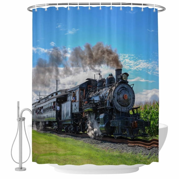 Steam Train Shower Curtain for Bathroom, Railways Trees Landscape Modern Waterproof Cloth Fabric Bathroom Accessories Set with 9 Rust Proof Plastic Hooks, 36"x72"