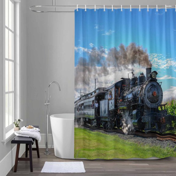 Steam Train Shower Curtain for Bathroom Decor, Railways Trees Landscape Modern Waterproof Fabric Shower Curtain, 72"x72" Set with 12 Hooks