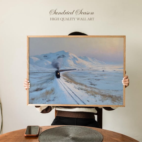 Steam Train Snowy Mountain Landscape Art Vintage Winter Railroad Decor, Unframed Paper Poster 8x10in