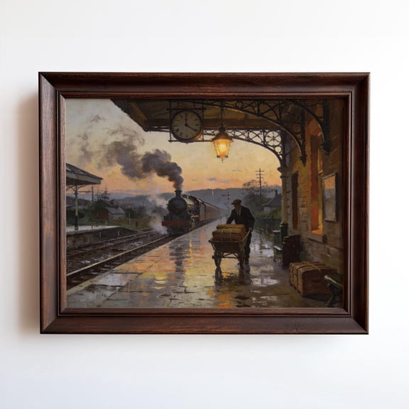 Steam Train Station Art Victorian Railway Platform Rustic Lodge Decor, Unframed Paper Print